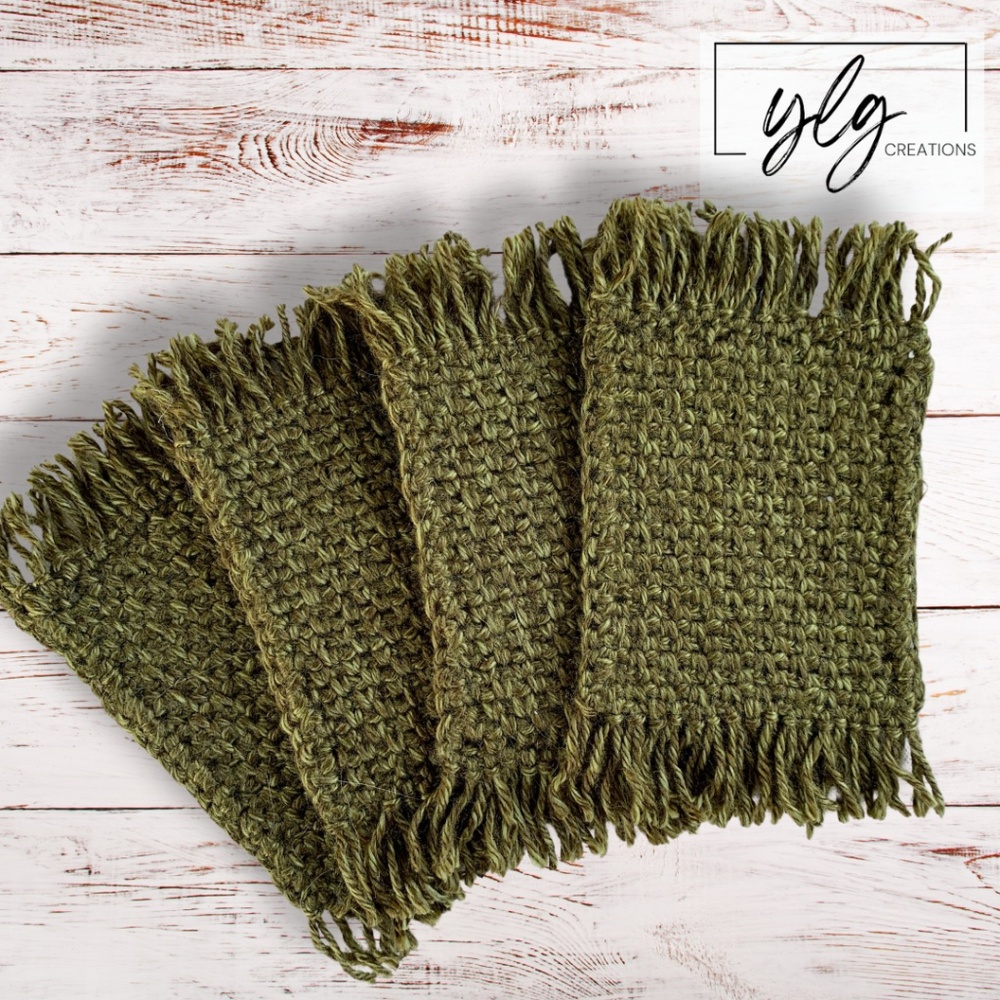 Mug Rugs Coasters Handmade Crochet Variegated Green Fringe Vinyl Back Set of 4